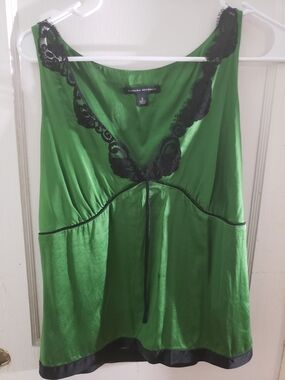Vintage Banana Republic Emerald Green Satin Lace-Trim Chemise